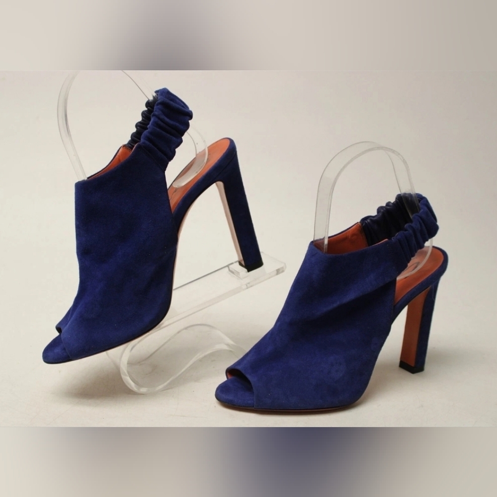Santoni Italy Made Luxury Blue Suede Slingback Peep Toe Heels SANDALS Shoes 37 7 - Picture 3 of 16